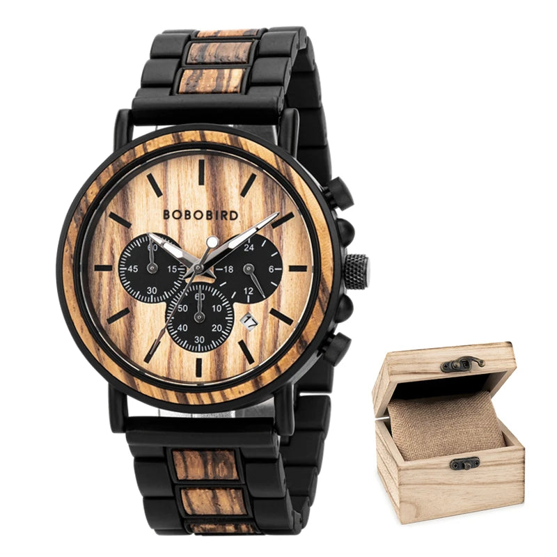 Montre quartz en bois pour hommes avec 3 sous-cadrans, personnalisable.