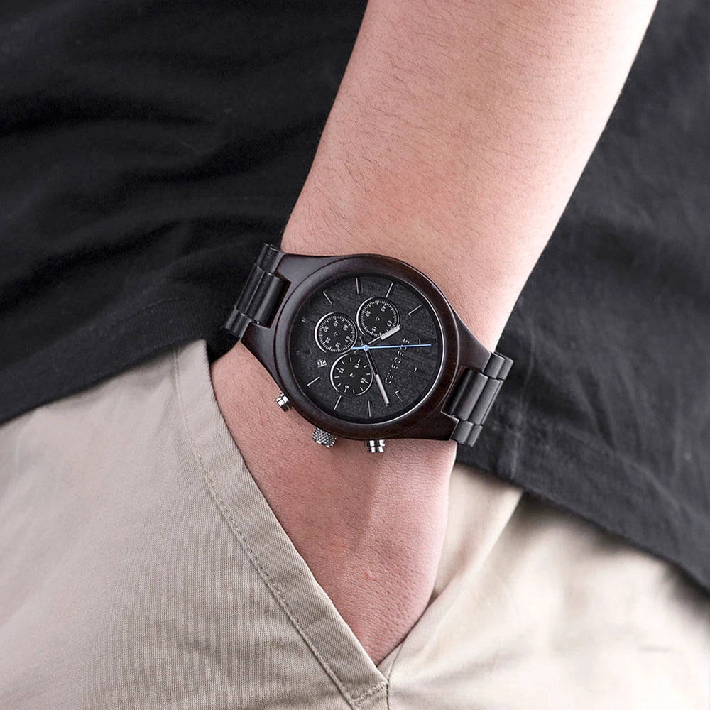 Montre quartz en bois pour hommes avec 3 sous-cadrans, personnalisable.