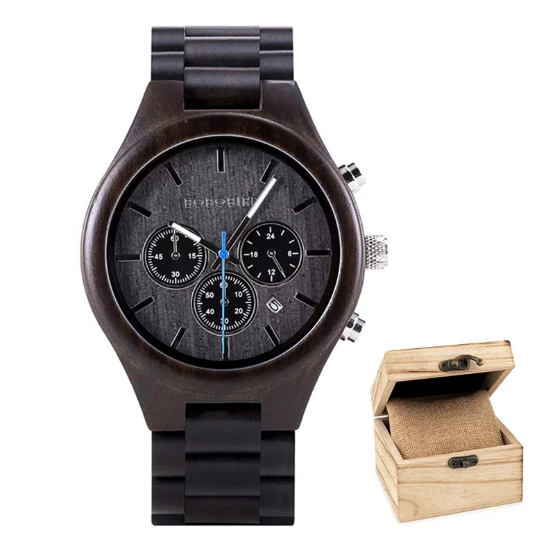 Montre quartz en bois pour hommes avec 3 sous-cadrans, personnalisable.