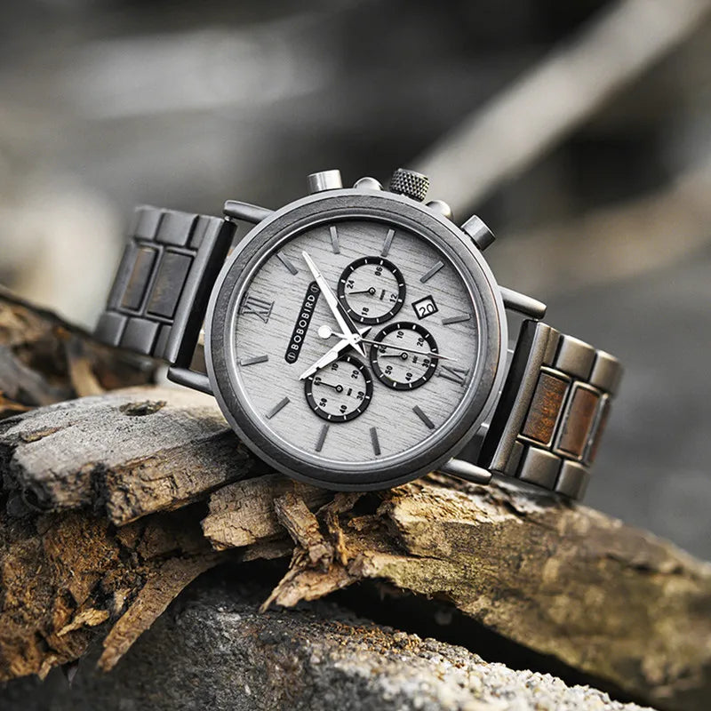 Montre quartz en bois pour hommes avec 3 sous-cadrans, personnalisable.