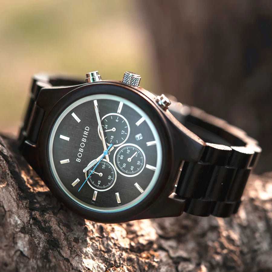 Montre quartz en bois pour hommes avec 3 sous-cadrans, personnalisable.