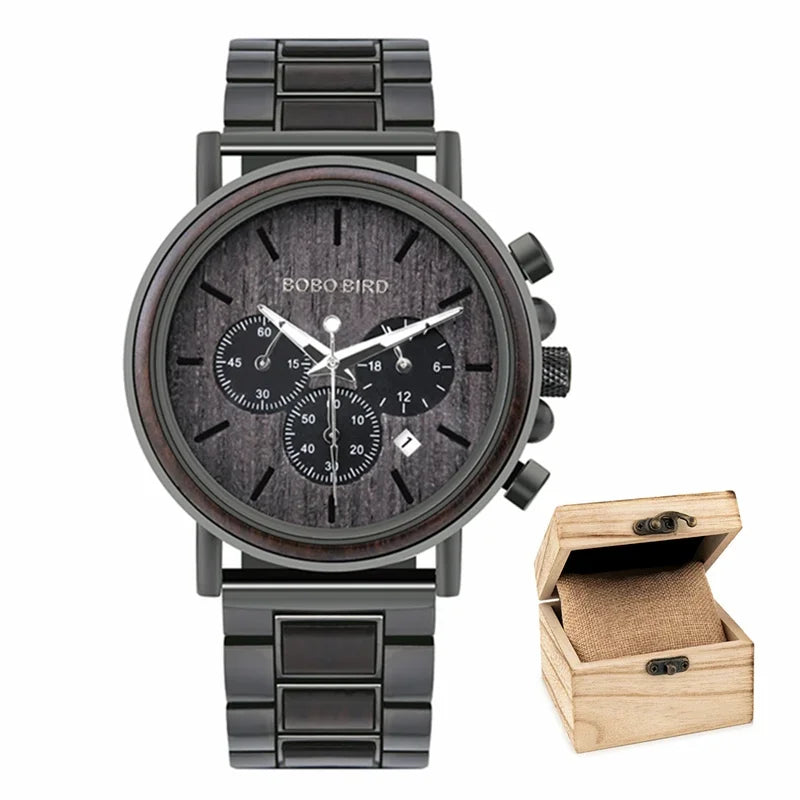 Montre quartz en bois pour hommes avec 3 sous-cadrans, personnalisable.