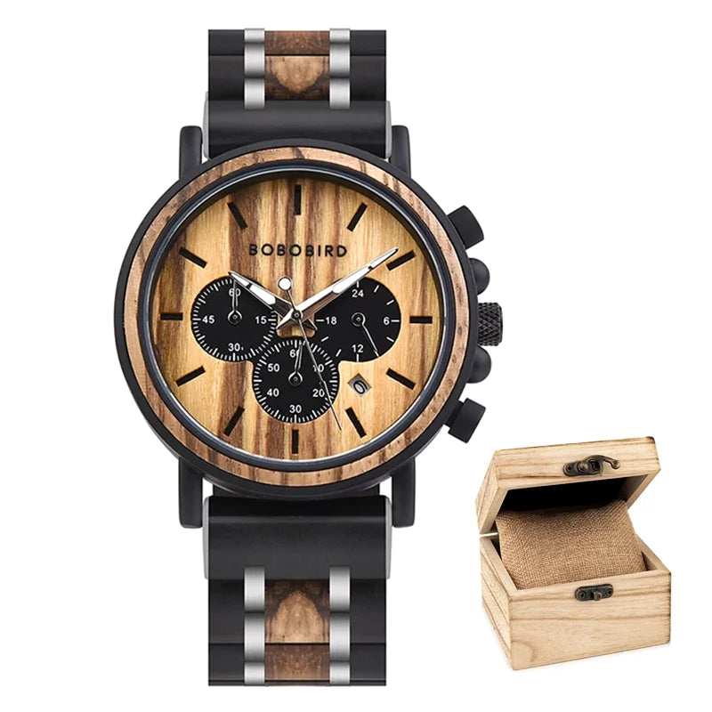 Montre quartz en bois pour hommes avec 3 sous-cadrans, personnalisable.