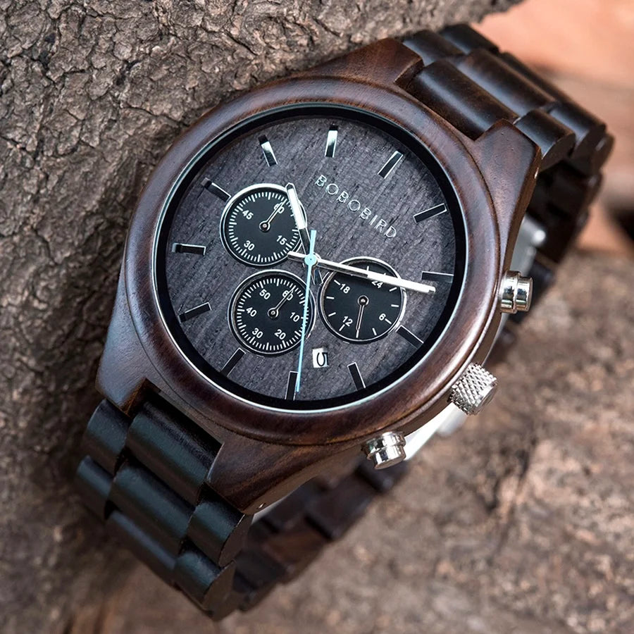 Montre quartz en bois pour hommes avec 3 sous-cadrans, personnalisable.