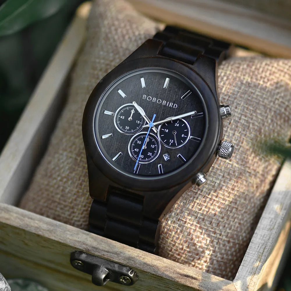 Montre quartz en bois pour hommes avec 3 sous-cadrans, personnalisable.