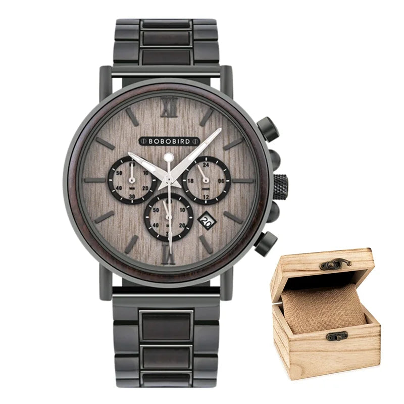 Montre quartz en bois pour hommes avec 3 sous-cadrans, personnalisable.